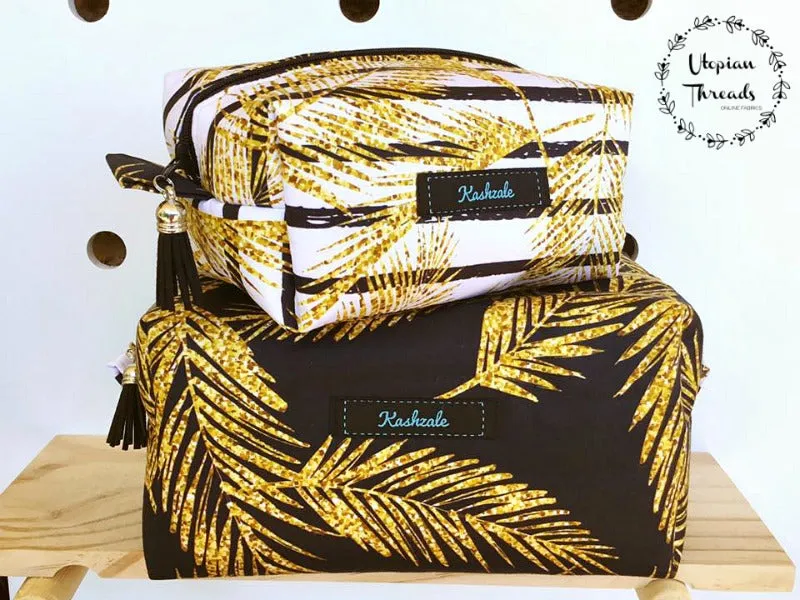 CUSTOM DIGITAL FABRIC Golden Palms - Gold Palm Leaves on White with Stripes