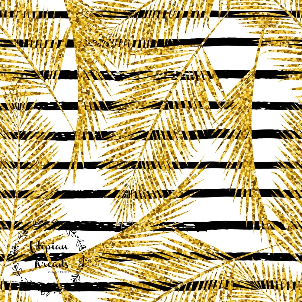 CUSTOM DIGITAL FABRIC Golden Palms - Gold Palm Leaves on White with Stripes