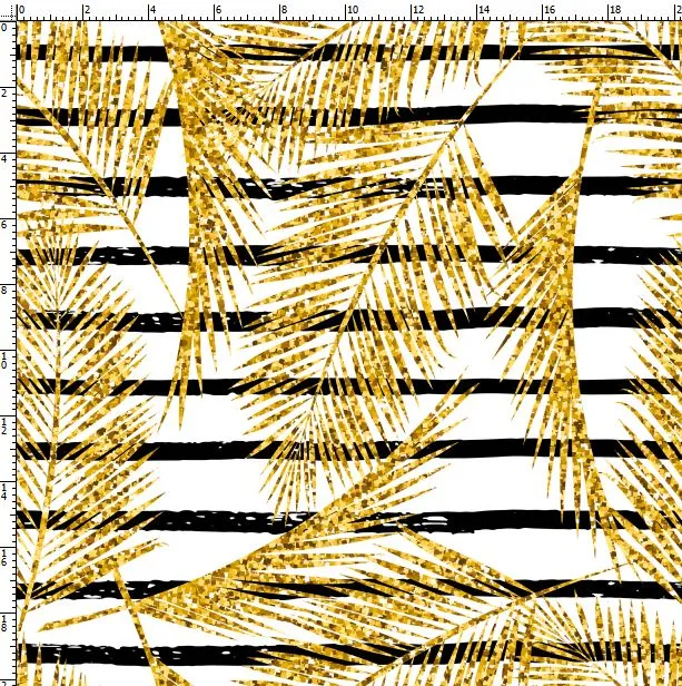 CUSTOM DIGITAL FABRIC Golden Palms - Gold Palm Leaves on White with Stripes