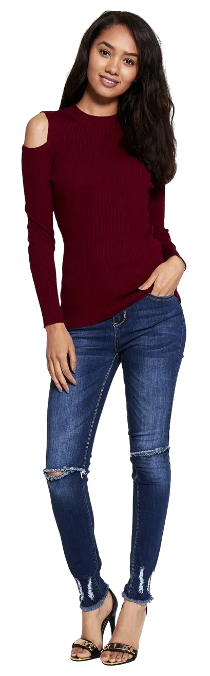 Cut Out Shoulder Ribbed Long Sleeved Knitted Top