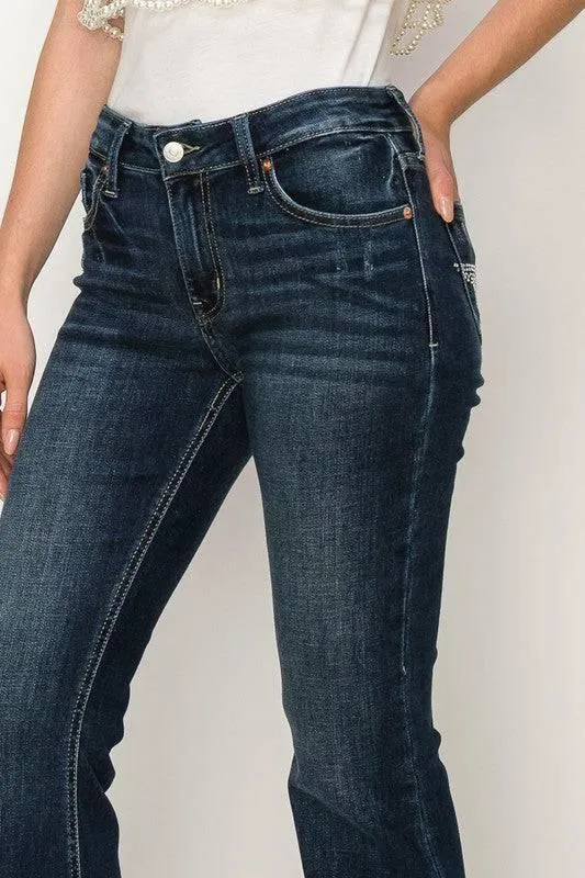 Rhinestone star pockets mid rise flare jeans
