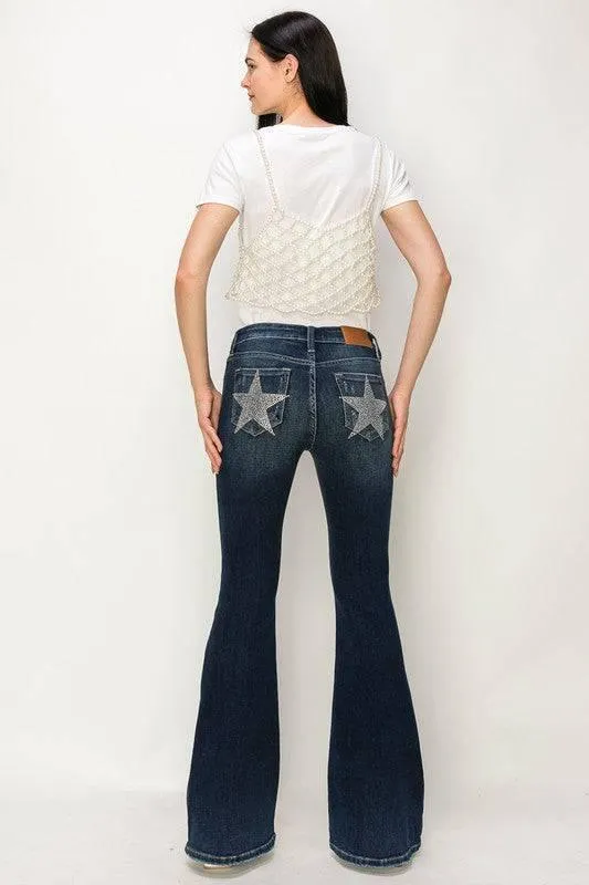 Rhinestone star pockets mid rise flare jeans