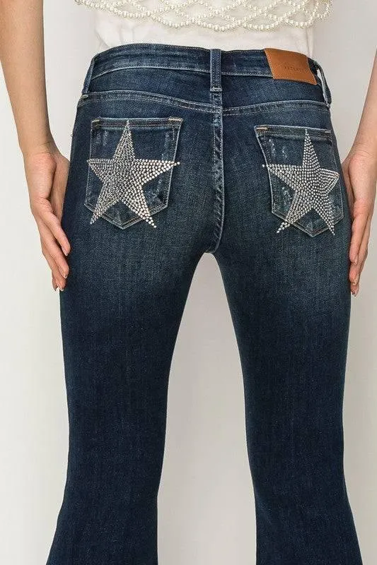 Rhinestone star pockets mid rise flare jeans