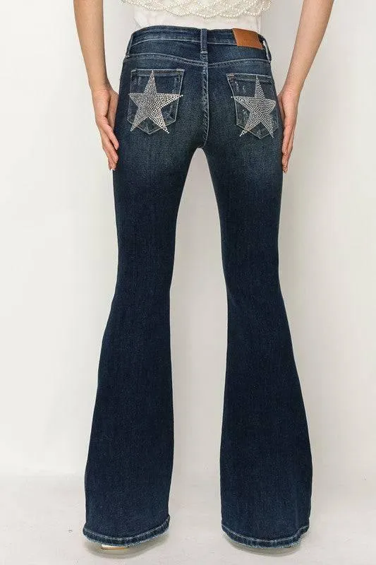 Rhinestone star pockets mid rise flare jeans