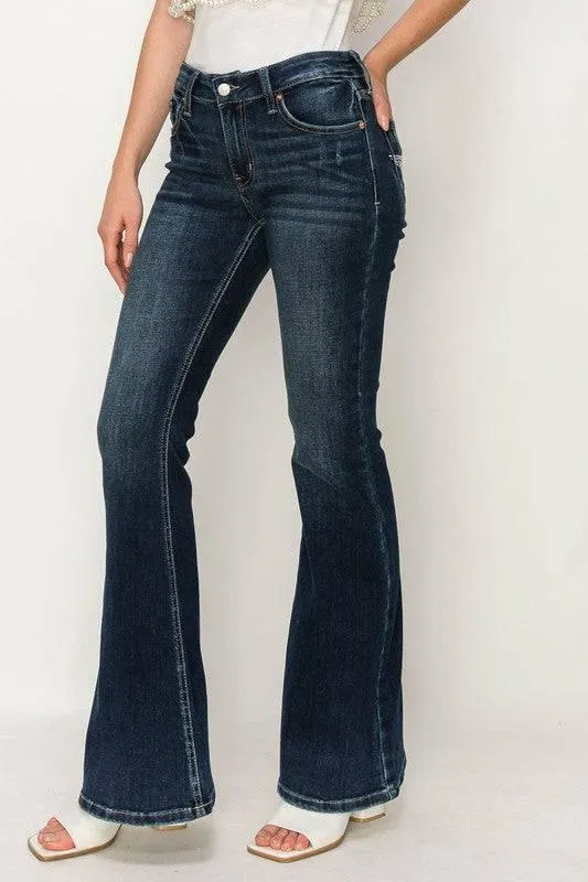 Rhinestone star pockets mid rise flare jeans