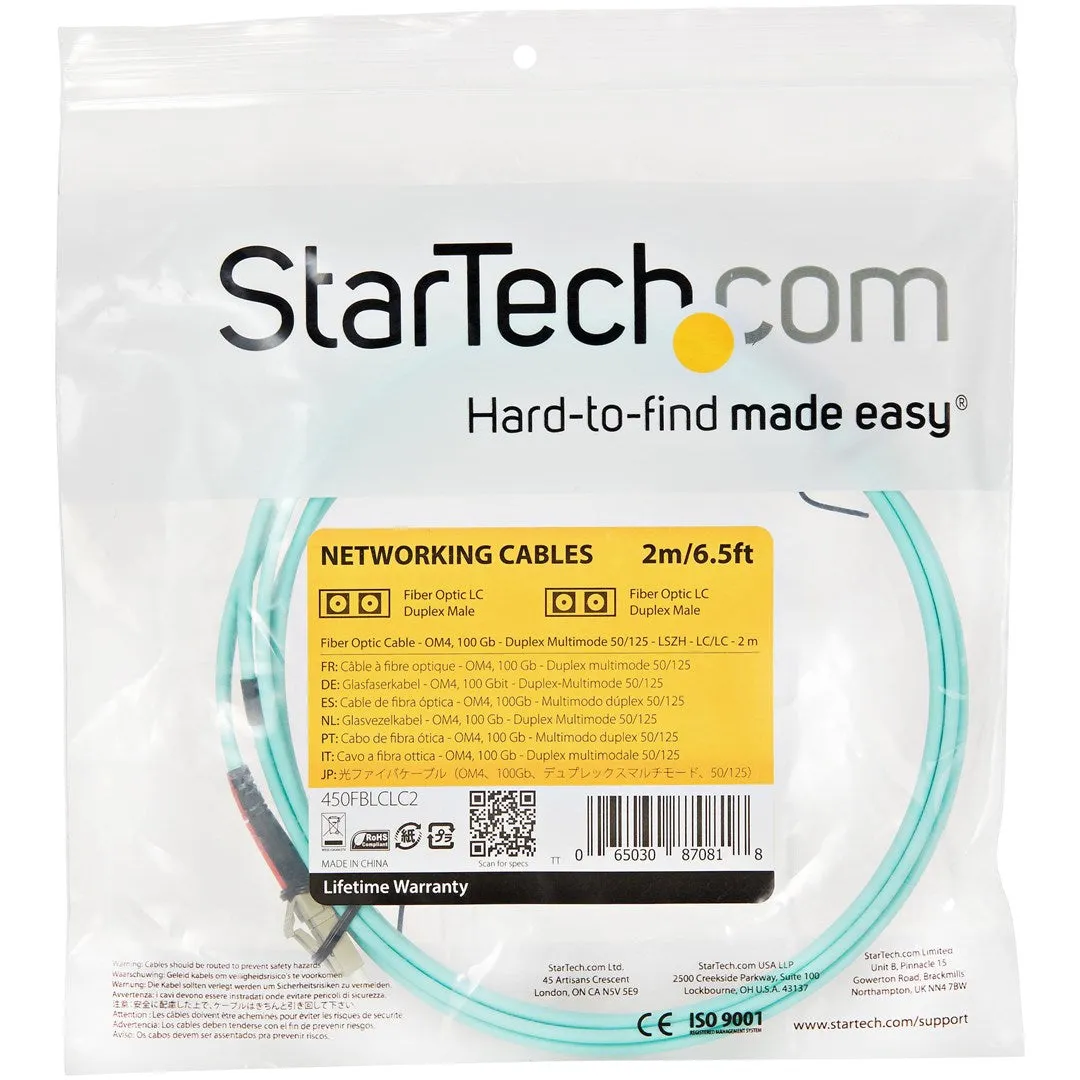Startech.Com 2M (6Ft) Lc/Upc To Lc/Upc Om4 Multimode Fiber Optic Cable, 50/125Μm Lommf/Vcsel Zipcord Fiber, 100G, Low In