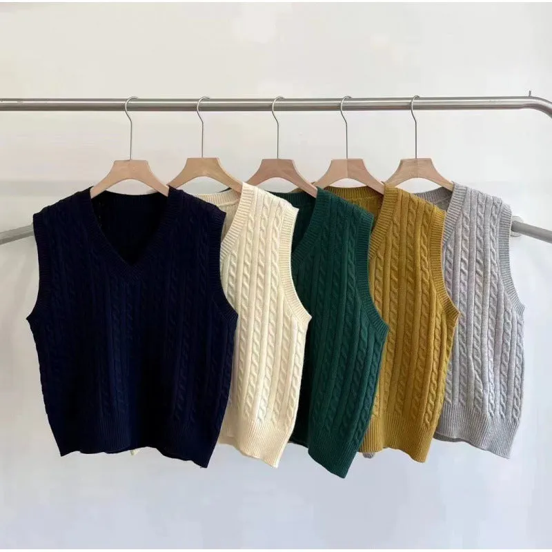 Wjczt classy outfits men Preppy Style 2024 Spring Sweater Vest Loose Retro Versatile Knitted Preppy Style Age-Reducing Outer Collar Vest for Women